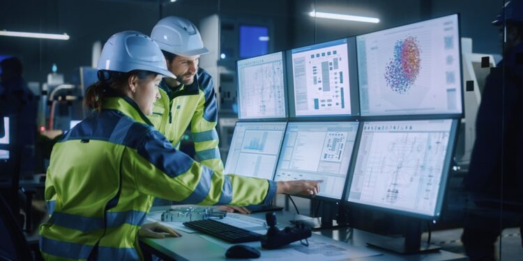 Industry 4.0 Modern Factory: Project Engineer Talks to Female Operator who Controls Facility Production Line, Uses Computer with Screens Showing AI, Machine Learning Enhanced Assembly Process