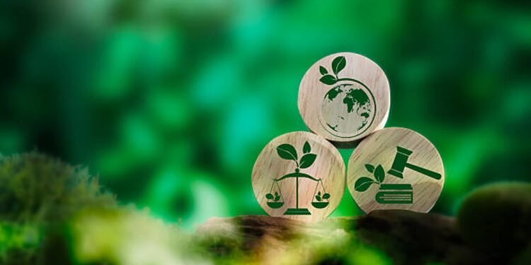 Social, and Corporate Governance. The concept focuses on ethical and sustainable business practices, featuring CSR text, a global map, and surrounding icons for recycling and social responsibility.